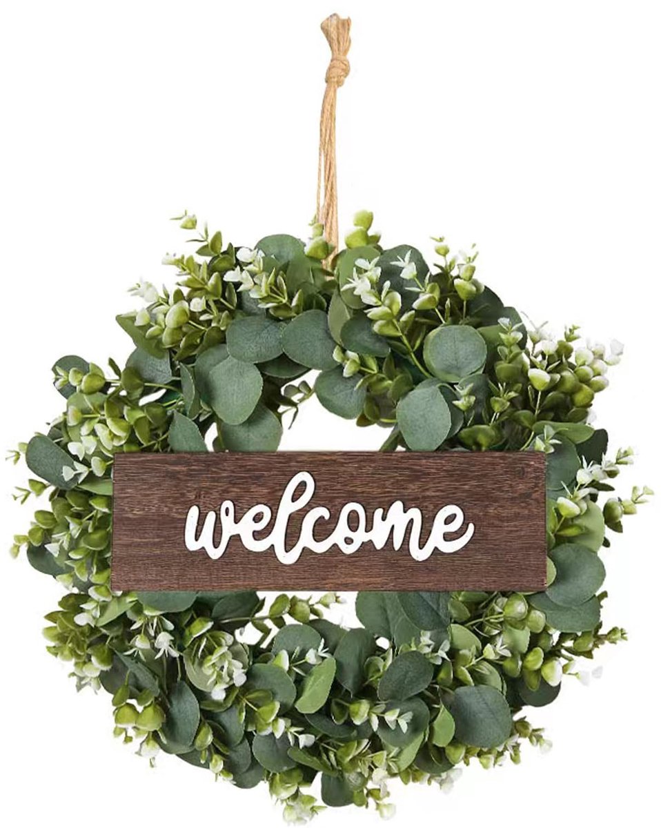 Deurkrans met eucalyptus, eucalyptuskrans met welkomstbord, moderne decoratie voor lente, zomer en buiten, om het hele jaar door op te hangen