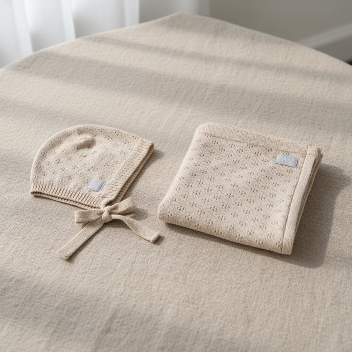 Deken en muts van merinowol - Bloemen - Beige - 0-2 maanden