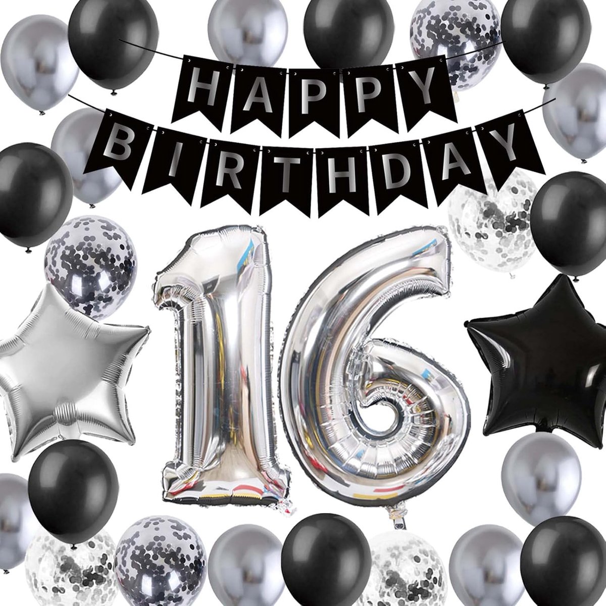 Verjaardagsdecoratie voor jongens en meisjes, zwart-zilver, Happy Birthday-banner, 16e verjaardag, confettiballonnen, ster, nummer 16, folieballonnen voor verjaardagsdecoratie, ballonnen, 16 jaar,