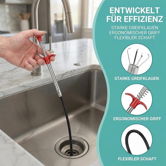 Set van 8 afvoerreinigers spiraal, 2 m afvoerreiniger, spiraalafvoer, buisreinigingspakket, dubbele kop, roestvrijstalen kanaalreiniger, afvoerborstel, keuken en douche — afbeelding 2