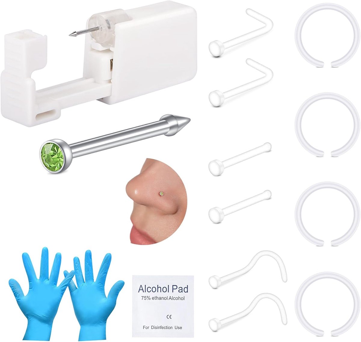 Neuspiercingset, piercingpistool, ingebouwde verscheidenheid aan neusstekers, pijnloze zelfpiercingset met 20G doorzichtige neuspiercingpistool, wegwerppiercingpistool voor thuis neuspiercing