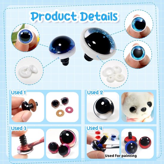 Ogen voor gehaakte dieren 3 soorten poppenogen glitter 11 mm tot 18 mm kunststof knutseloogen veelkleurig knoopogen met sluitringen pop marionet pluche dier — afbeelding 3