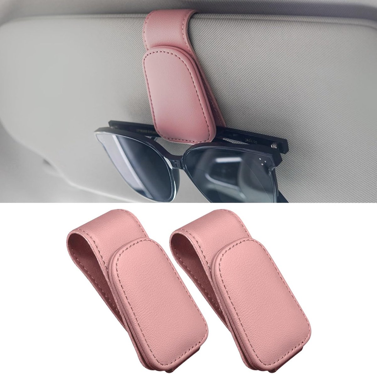 Brillenhouder voor auto zonneklep 2-pack, magnetisch lederen zonnebrillenhouder, auto brilhouders, ticket- en kaartclip (Roze)