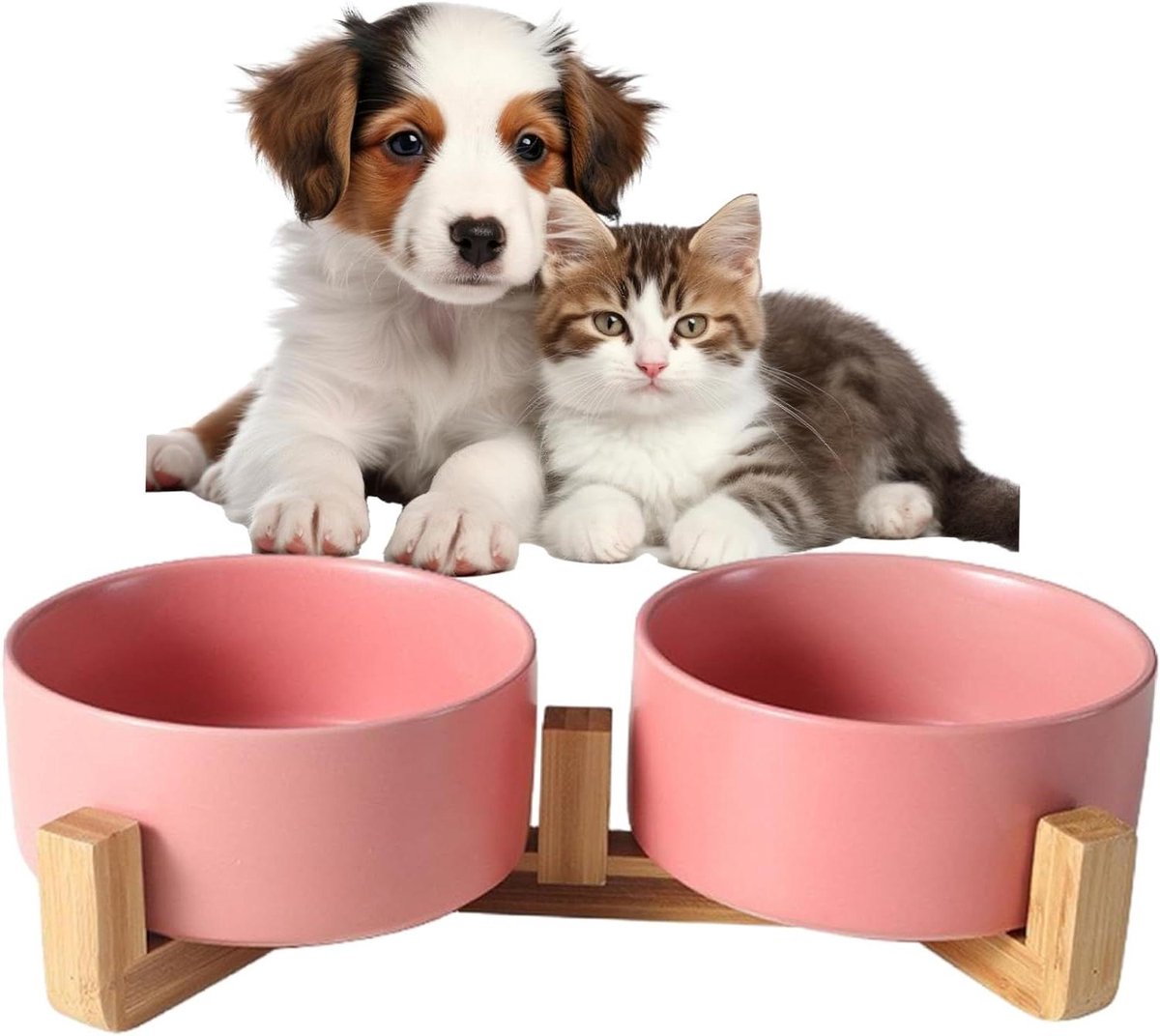 Hondenvoerbakken Set - Voerbakken Kat Hond - Comfortabel Eten - Verhoogd Ergonomisch Ontwerp - 395 ml - Natuurlijk Hout