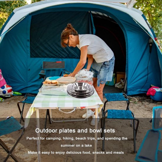 Roestvrijstalen Campingborden en Kommen Set - Draagbaar Servies Kookgerei - Outdoor Opbergtas - 12-delige Kampeer Schotel Set - Backpacken, Kamperen, Wandelen - Strand Servies - RVS Borden - 3,5 tot 9,1 Inch - Buiten Gebruik - Compacte Opbergzak — afbeelding 2