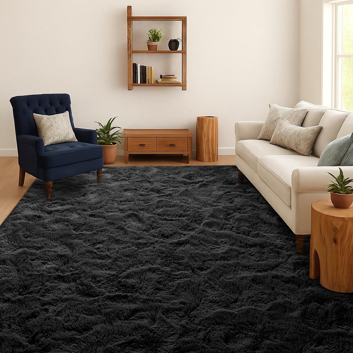 Hoogpolig Woonkamer Tapijt, Wasbaar Antislip & Pluche, Groot Effen Langpolig Shaggy Vloerkleed voor Slaapkamer & Kinderkamer, Bedkleed Mat, 200x300 cm, Zwart
