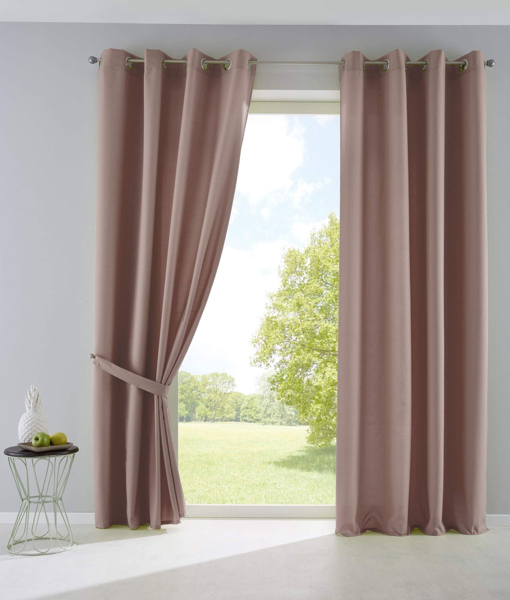 Gordijnen ondoorzichtige gordijnen mat lichtdoorlatend met oogjes en gordijnhouders, decoratief gordijn HxB 145x140 cm taupe