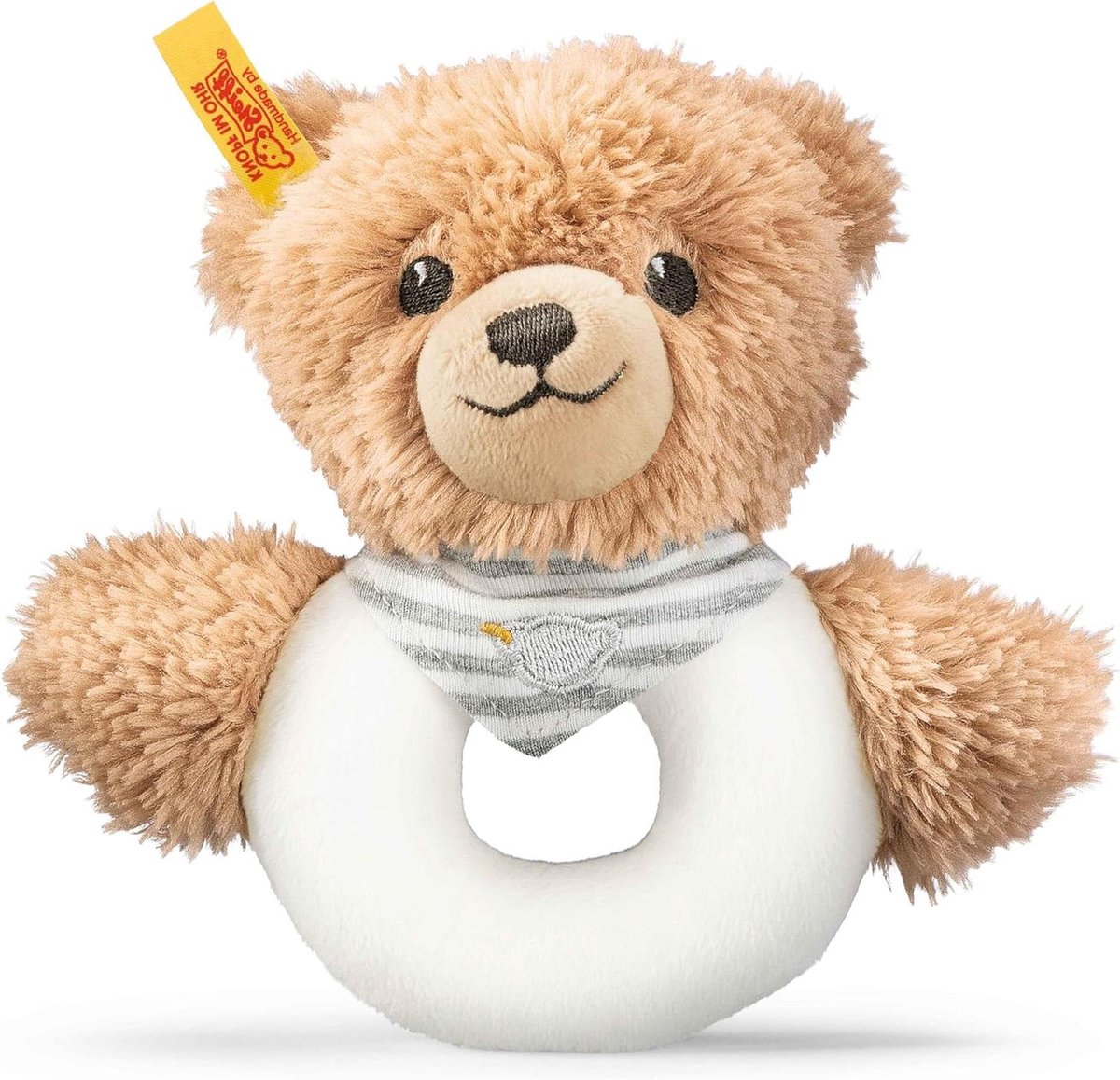 Knuffelbeer grijpring - Baby rammelaar - Baby stimuleren - Zacht pluche materiaal - 12 cm - Grijs