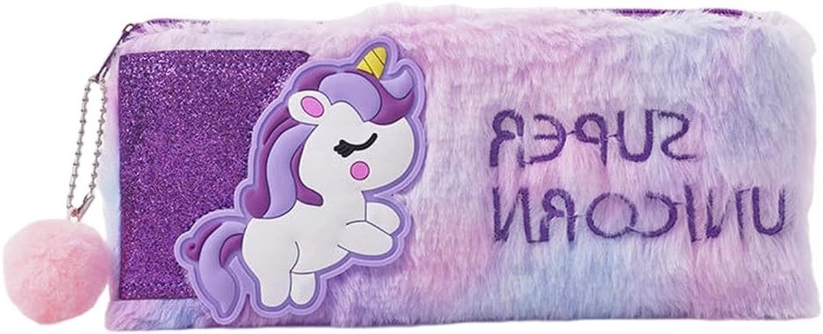 Paars etui - Unicorn tasje - Opbergen van spullen - Zacht pluche materiaal - 20 x 10 cm - Kleurverloop