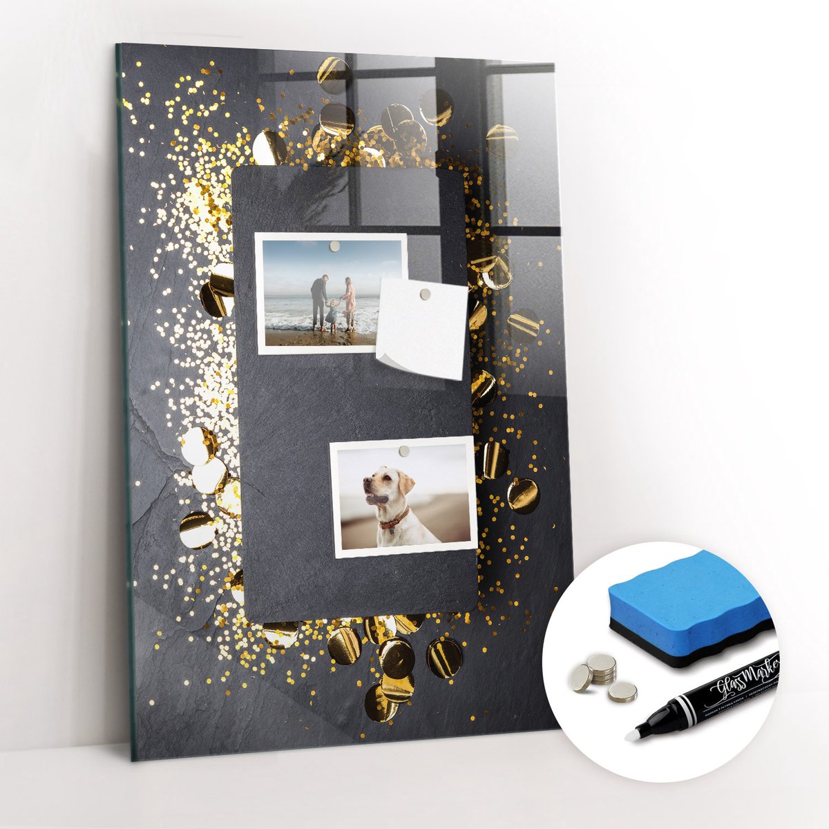 Tulup Whitebord - Gouden confetti - 40 x 60 cm - Veelkleurig Magnetisch Bord Kind - Gratis 5 Sterke Magneten + Whiteboard Marker & Wisser - Interieur Accessoires Kantoor - Foto Magneetbord - Productiviteit Tools