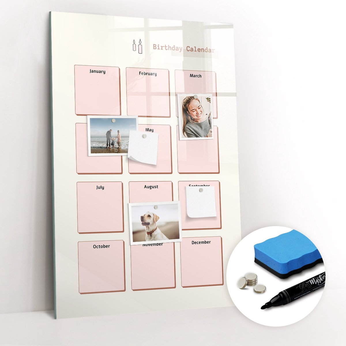 Tulup Whitebord - Verjaardagskalender - 60 x 90 cm - Roze Magneetbord Keuken - Gratis 5 Sterke Magneten + Whiteboard Marker & Wisser - Scandinavisch Design Bord - Memobord Keuken - Organiseer Je Bureau