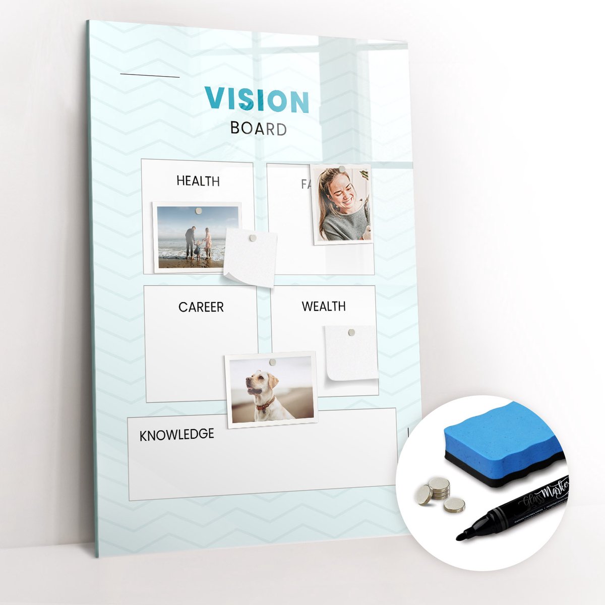 Tulup Whitebord - Gezondheidsplanner - 60 x 90 cm - Blauw Magnetische borden voor reismagneten - Gratis 5 Sterke Magneten + Whiteboard Marker & Wisser - Design Memobord - Magneetbord Muur - Ideeënbord Thuiswerkplek