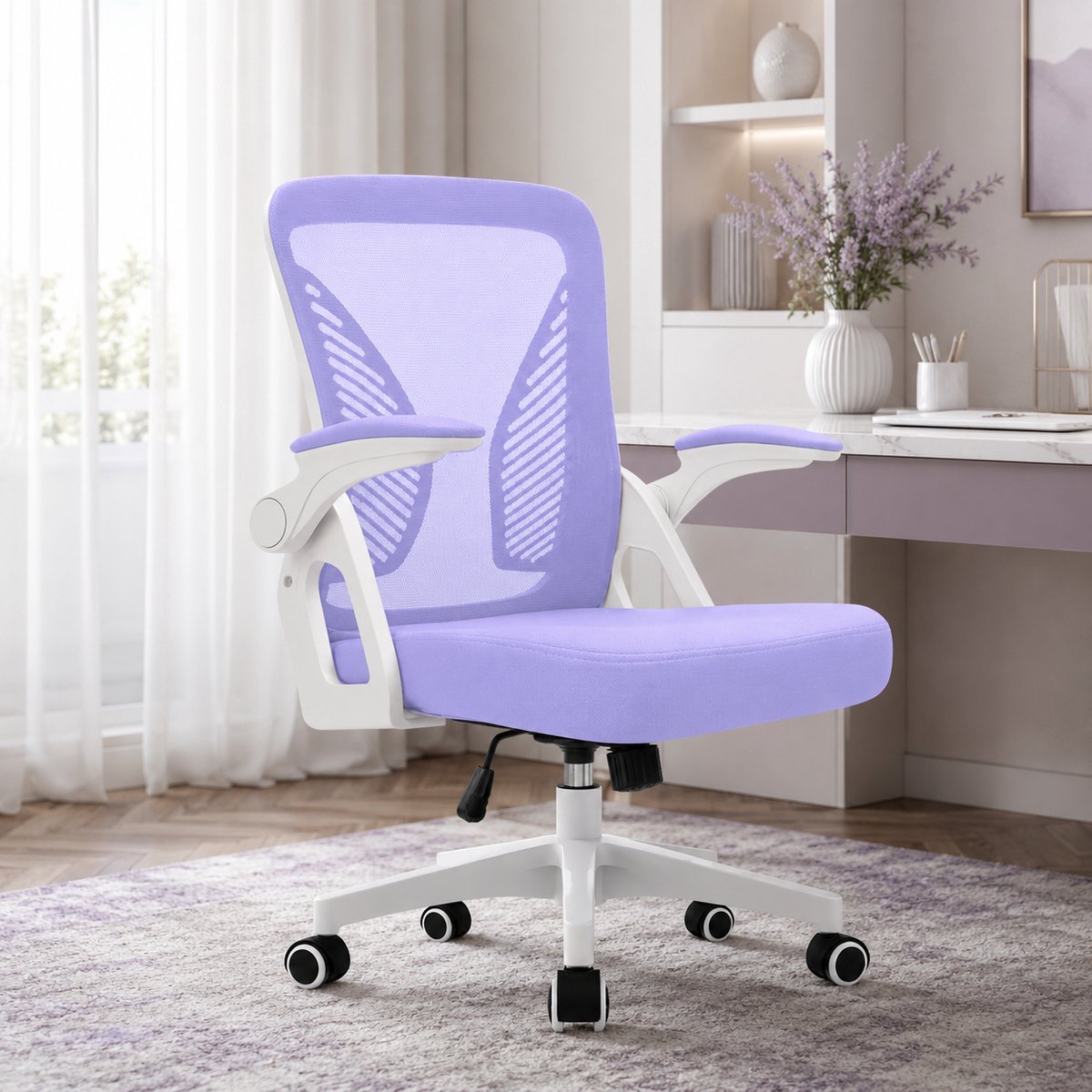 Milacyee Bureaustoel - Ergonomische Bureaustoel – Verstelbare Gaming/Computerstoel met Mesh Rug & Lendensteun – 90° Opklapbare Armleuningen – Directiestoel met Stille Wieltjes – Tot 102 kg Belasting - Paars - Geschikt voor thuiswerk en kantoor – foto 2