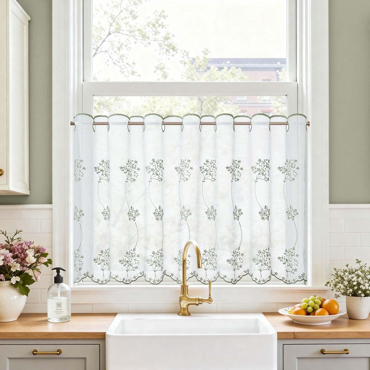 Vitrage keuken, lichtdoorlatend, bistrogordijn, woonkamer, modern, keukengordijnen, vitrage, raamsjaal, kort gordijn voor keuken, keukenraam, landhuisstijl, 1 stuk, B 145 x H 60 cm, groen
