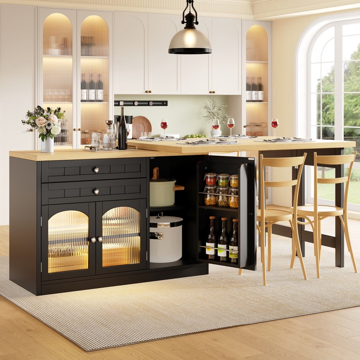 KOMHTOM Eettafel - Uitschuifbaar 120-194 cm - Keukeneiland met Opbergruimte - 360° Draaibaar Tafelblad - Glazen Deuren en Lades - Zwart - Zonder stoelen
