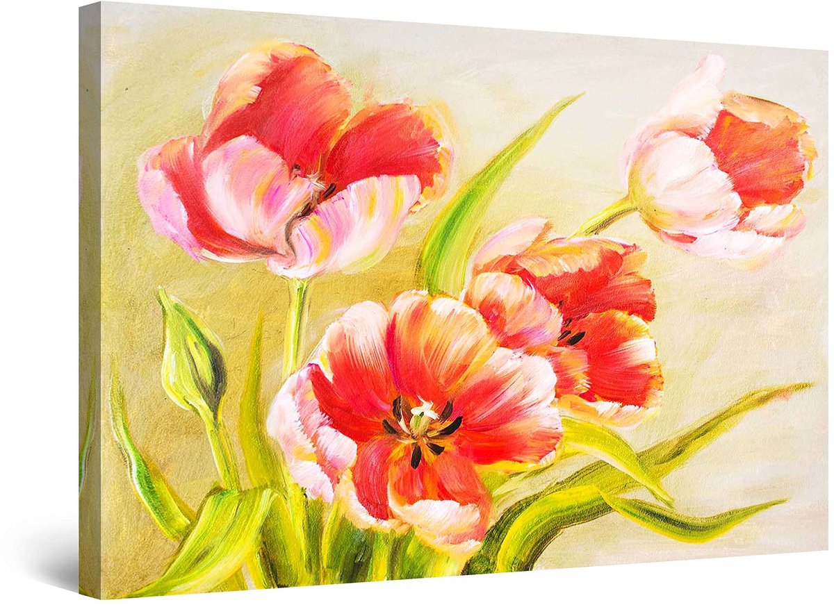 Kunst Aan De Muur Rode Tulpen Bloemen Schilderij Groot Ingelijst 80 CM X 120 CM