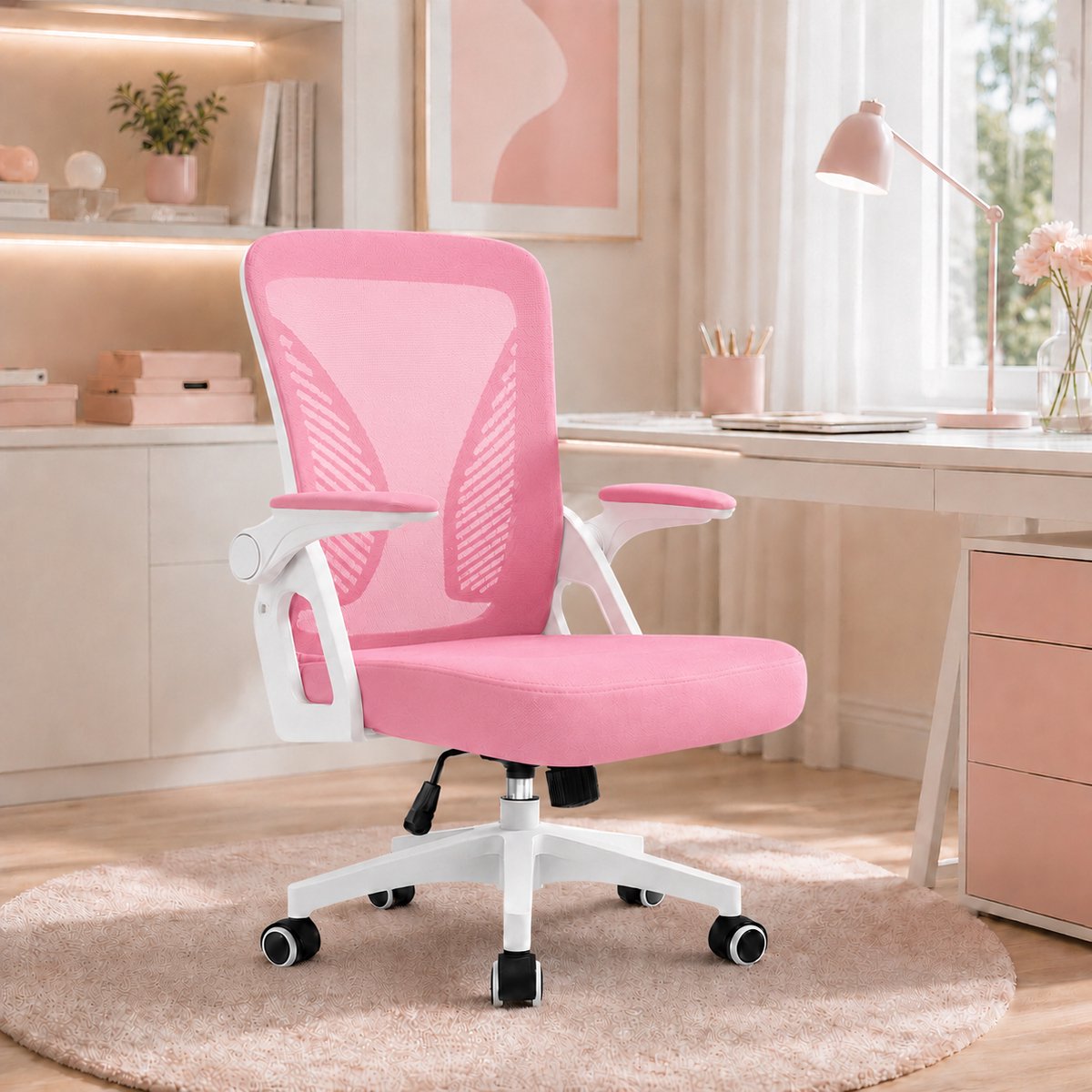 Milacyee Bureaustoel - Ergonomische Bureaustoel – Verstelbare Gaming/Computerstoel met Mesh Rug & Lendensteun – 90° Opklapbare Armleuningen – Directiestoel met Stille Wieltjes – Tot 130 kg Belasting - Roze - Geschikt voor thuiswerk en kantoor – foto 2