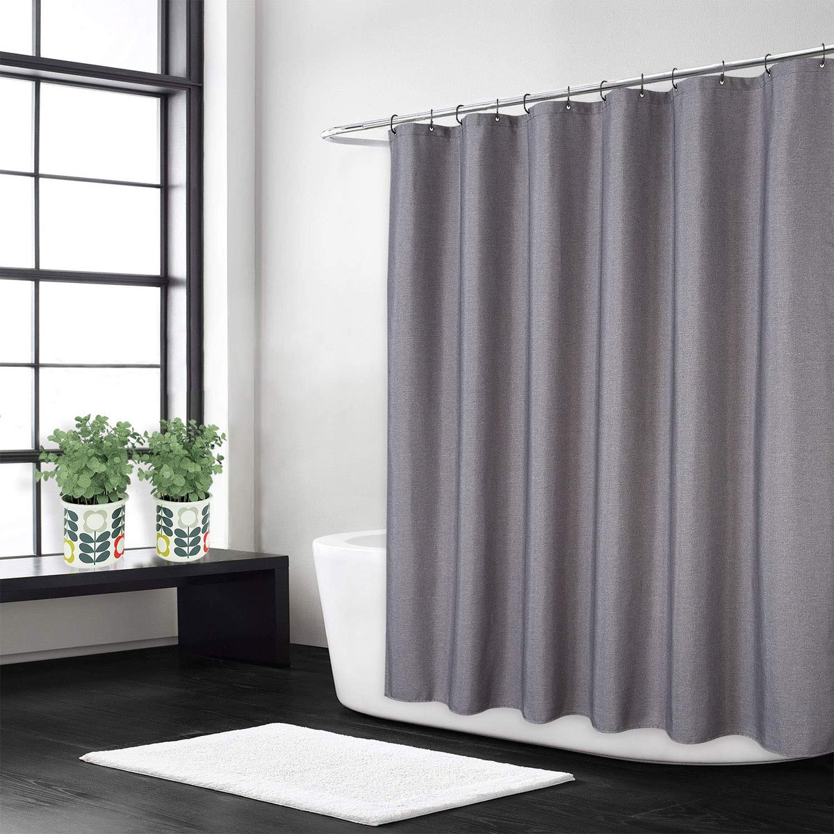 Douchegordijn voor badkamer in vlaslinnen, zware stof van 240 g/m², met haken, luxe hotelstijl, wasbaar, donkergrijs, 180 x 200 cm