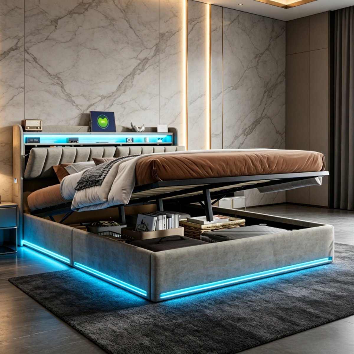 Tweepersoonsbed 140x190 cm, volwassen bed met LED verlichting, hoofdbord met opbergruimte, bedframe met opslagruimte, lattenbodem, fluweel grijs, zonder matras