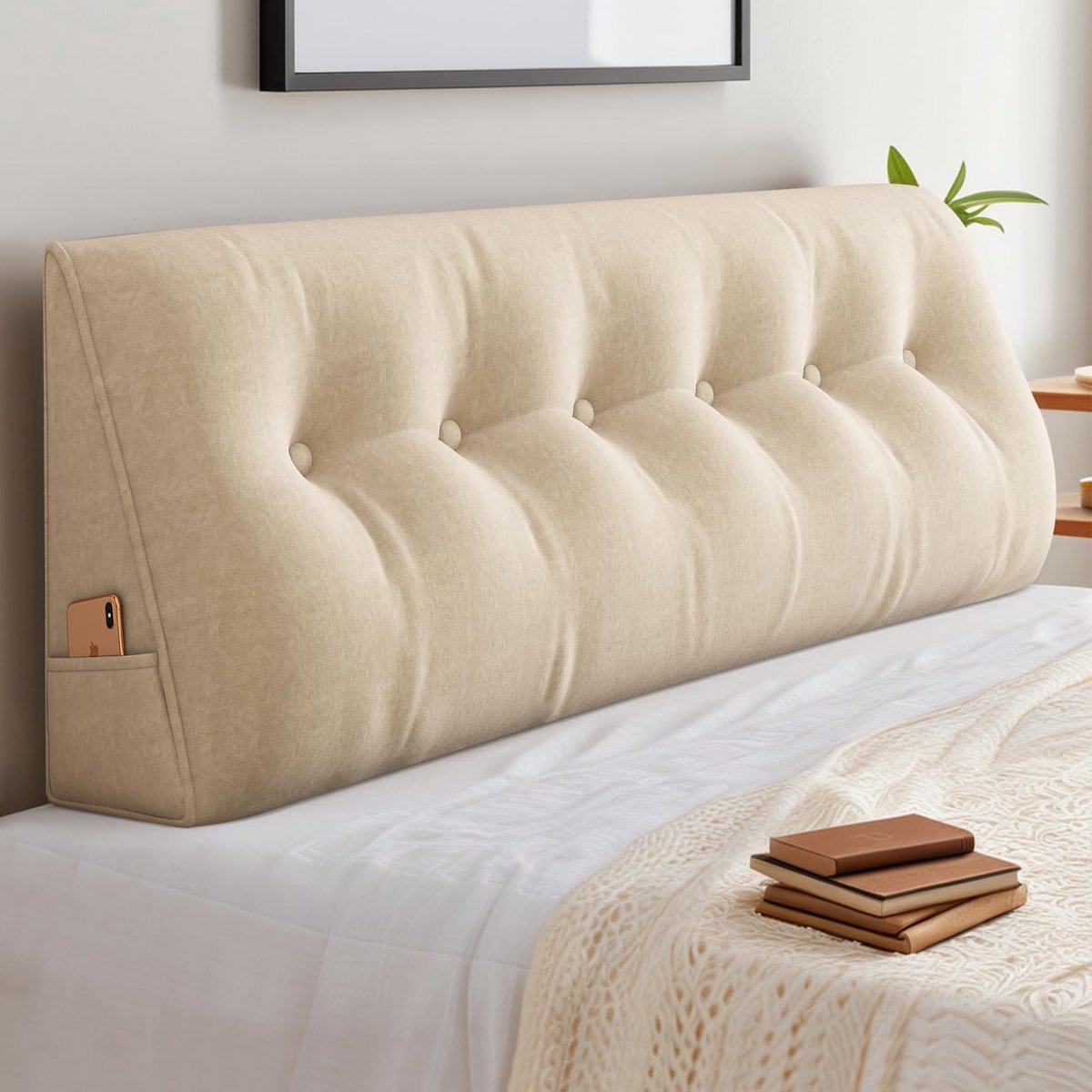 Rugkussen, leeskussen, bed, wigvormig kussen, groot, voor bed en bank, 2-in-1, rugleuning en hoofdkussen met zijvak, overtrek afneembaar en wasbaar (100 x 50 x 20 cm, beige)