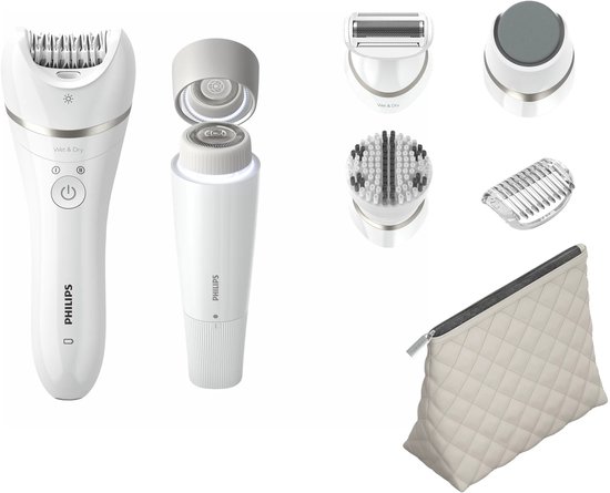 Philips Beauty Set 9000 met epilator, gezichtsborstel, scheeropzetstuk, pedicureopzetstuk, huidverzorgingsborstel en toilettas.