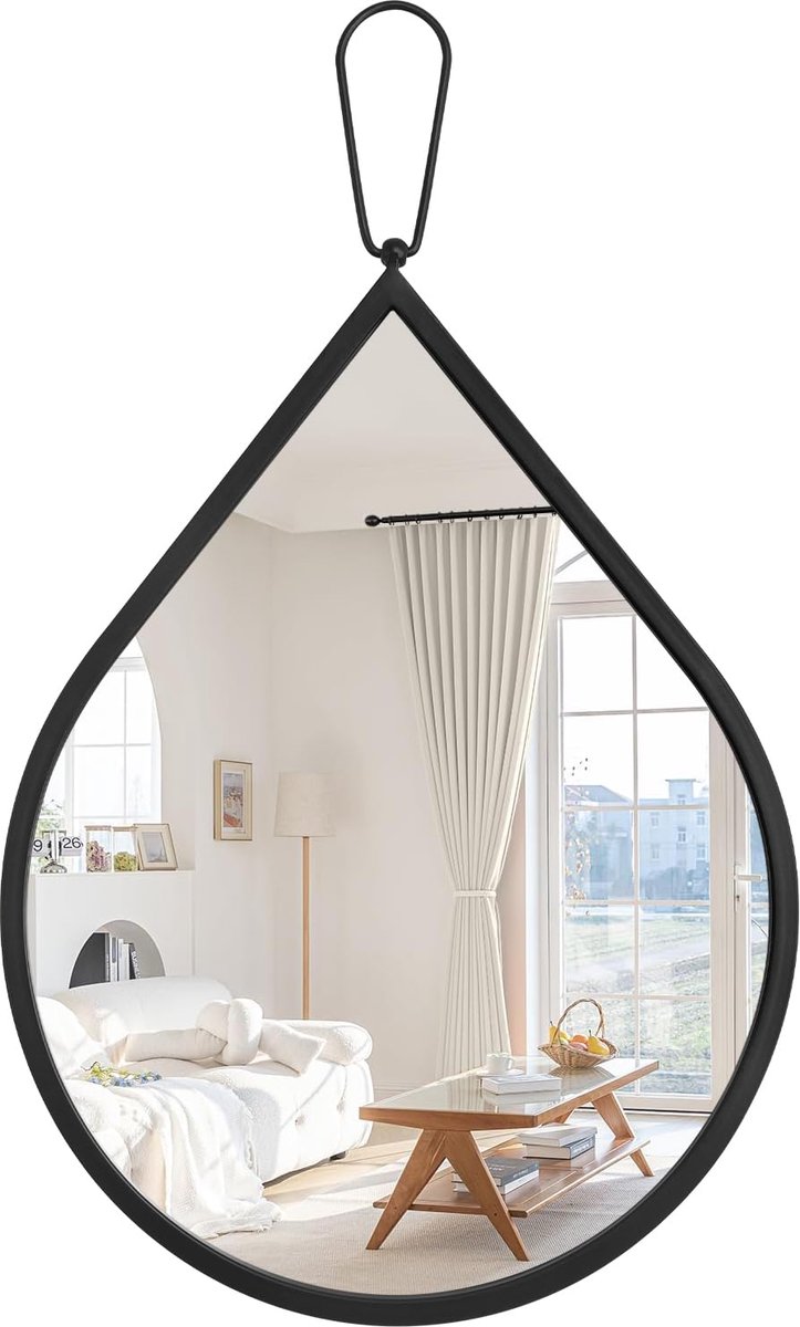 Wandspiegel Druppelvorm - Hangspiegel Decoratief - Slaapkamer Aankleden - Verdikt Metaal Frame - 65 x 45 cm - Zwart
