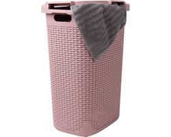 Wasmand met Deksel - Kledingmand Riet - Ruimte Besparen - Geventileerd Ontwerp - 60 Liter Capaciteit - Roze