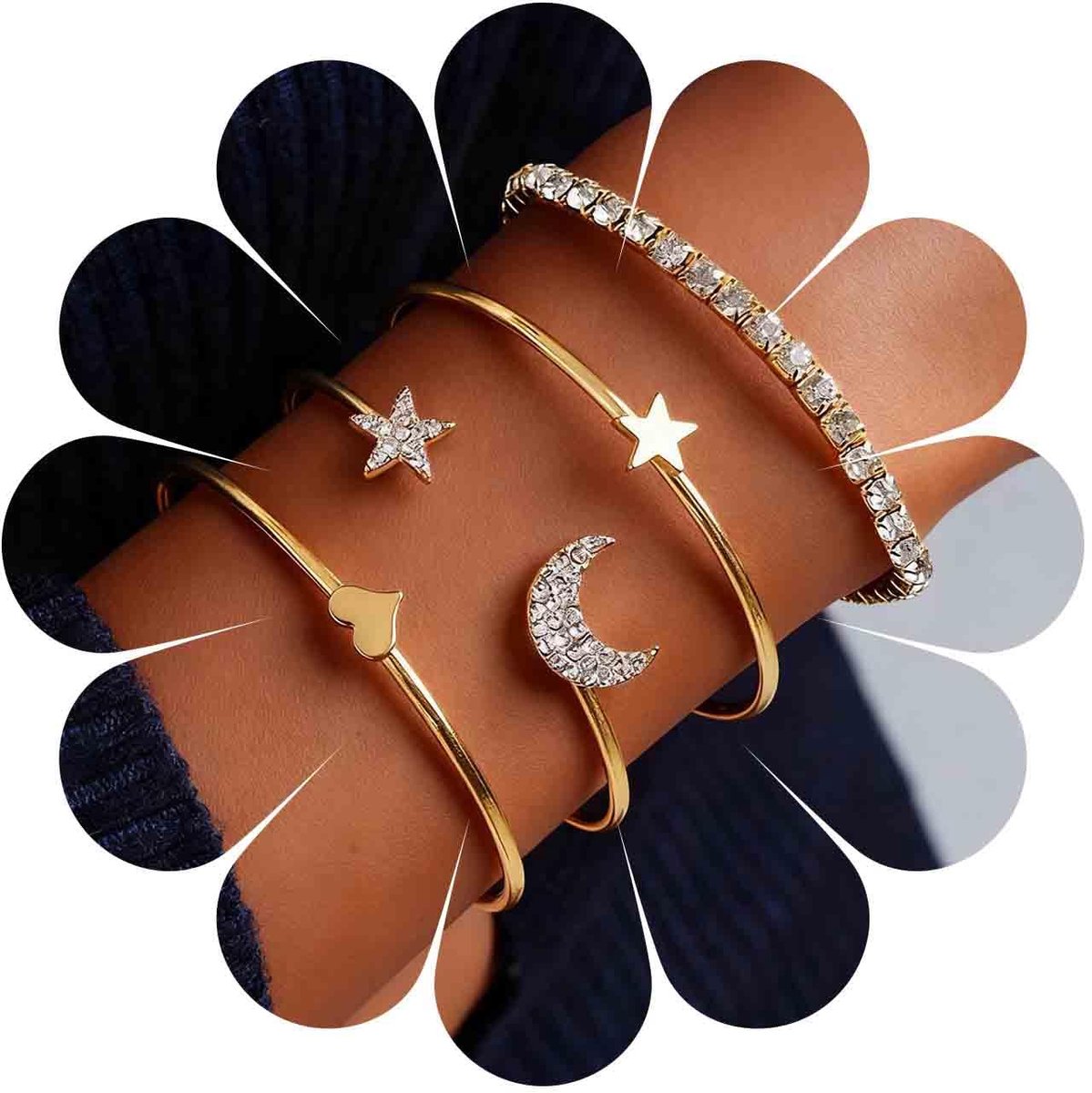 Handketting, boho, strass, armbanden, goud, open, bruiloftssieraden, cadeaus voor vrouwen, meisjes, 4-delige set (goud)