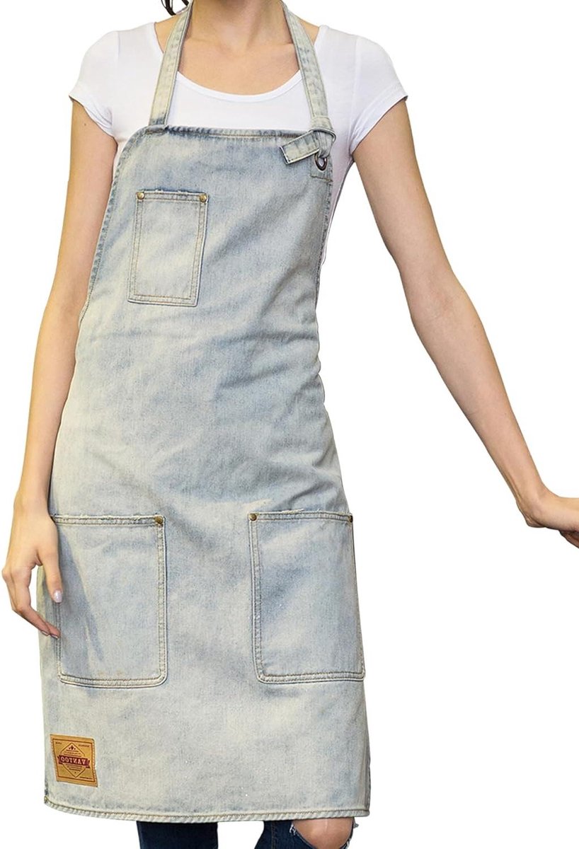 Unisex Buvet Denim Schort met Zakken - Wit en Verstelbaar