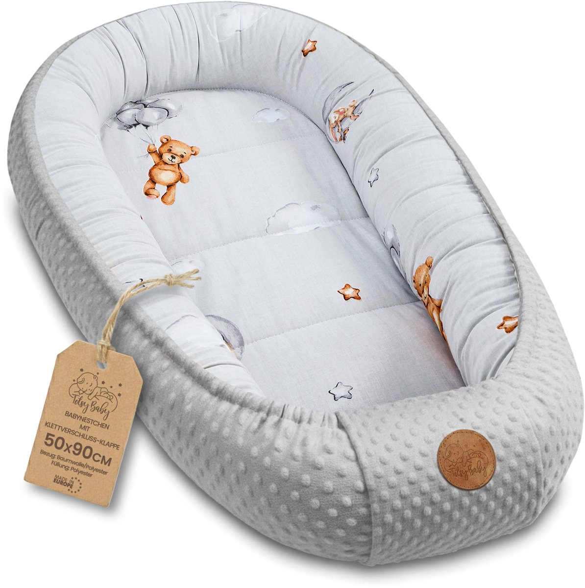 Knus Baby Nestje Pasgeborene – zacht draagbaar en comfortabel Nest voor Ledikant Kinderbed Wieg Babykamer en Onderweg – behaaglijk voor Jongen & Meisje 90x50 cm Teddyberen