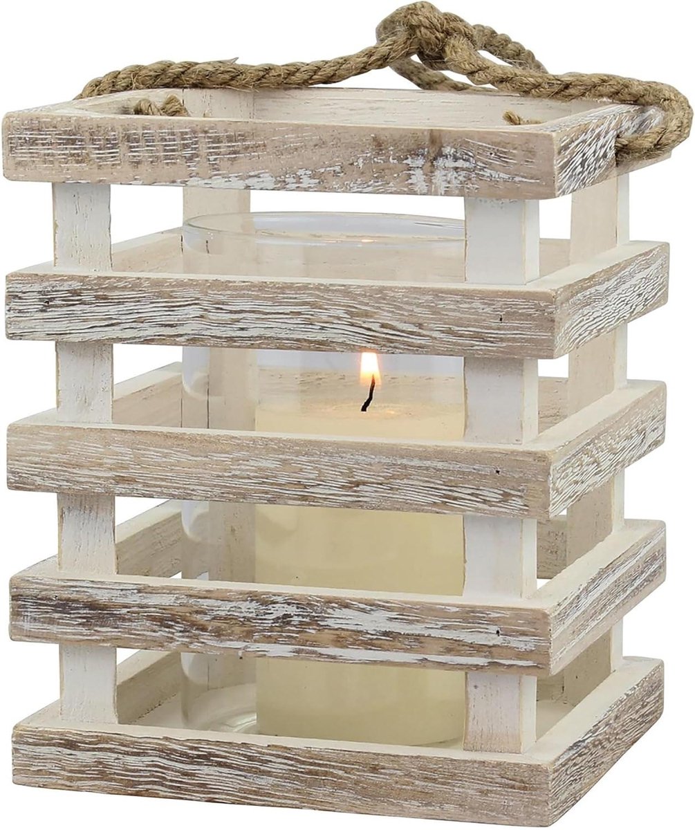 Houten Strandhuis Kaarslantaarn - Decoratieve Lantaarn - Sfeerverlichting Creëren - Versleten Witte Afwerking - 6 x 5 x 5 Inch