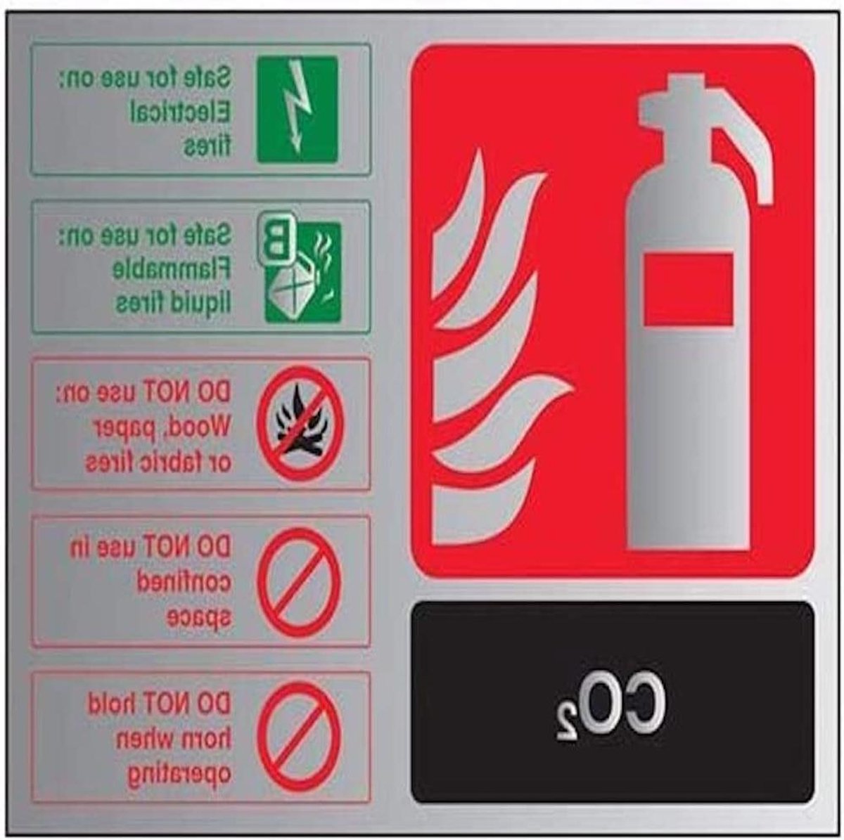 Brandblusser CO2 Teken - Veiligheidsbord Blusser - Veiligheid Aangeven - Zelfklevend Aluminium Effect - 150mm x 100mm - Grijs