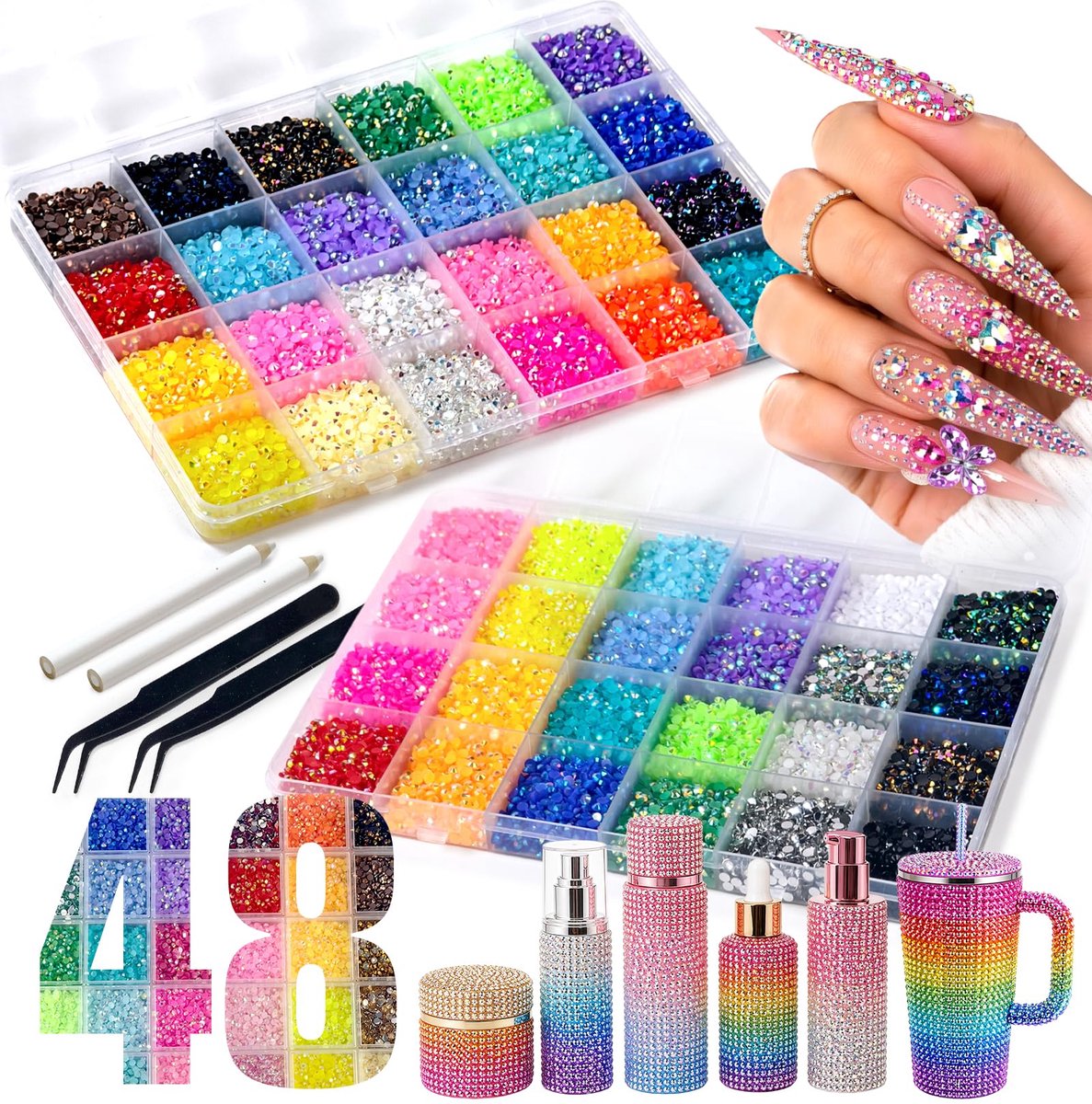 Strass Steentjes Set 48 Kleuren 3mm 48000 stuks Resin Nail Art Strass Flat Back met Tools, Nageldecoratie, DIY Knutselen, Schoenen, C