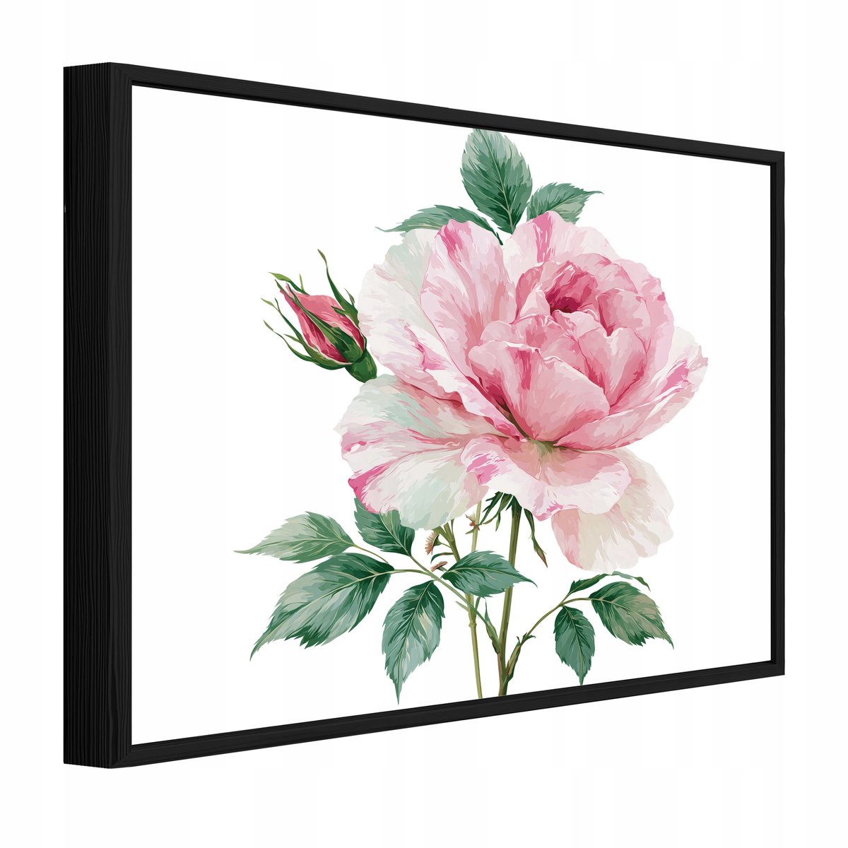 Schilderij op canvas in zwarte lijst - 40x30 cm - roze roos en bloemen - wanddecoratie woonkamer en slaapkamer