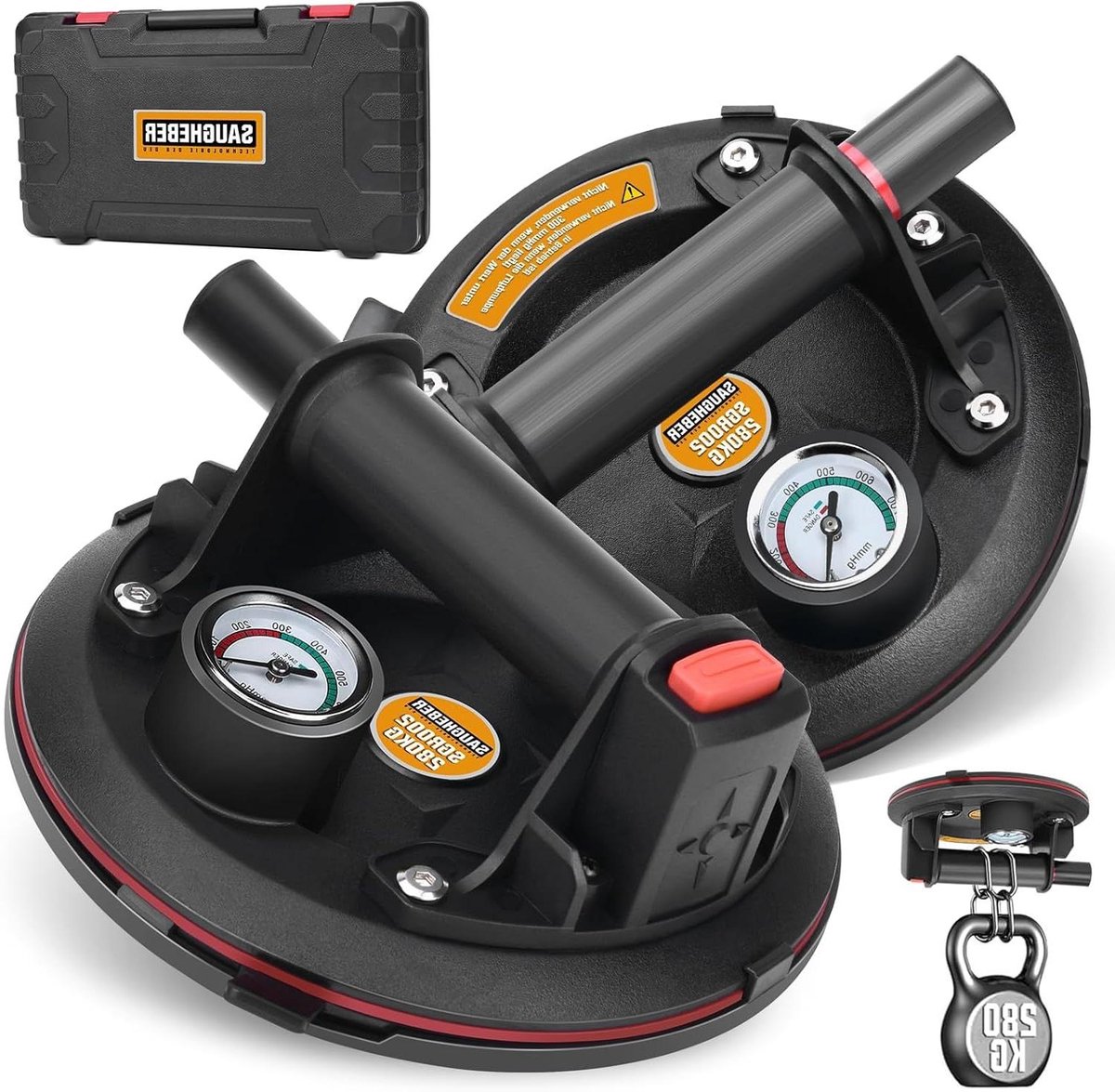Zuiglifters Glaslifter - Vacuümzuiger Tegellifter - Verplaatsen van Platen - Met Manometer - 2 Stuks 20cm - Zwart