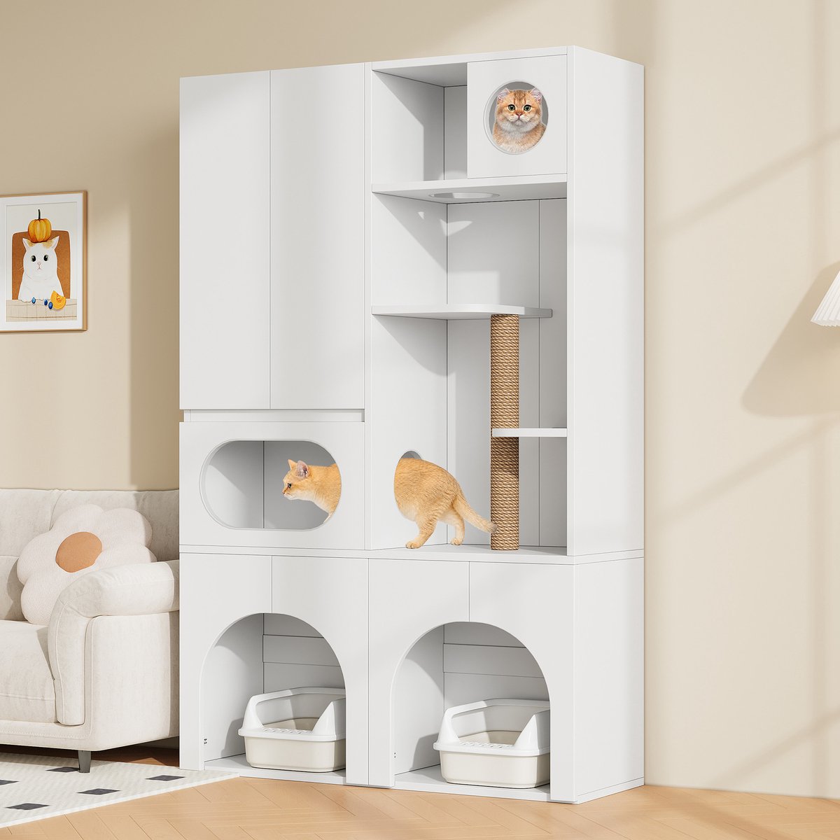 STILVORA Kattenbakkast - Met Krabpaal En Opbergvakken Voor 2 Kattenbakken - Voor Katten En Honden - MDF - 140x45x195 Cm - Wit