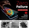 Main plaçant un protecteur d'écran sur un téléphone. Texte 'Zero Failure' et 'Installation Rapide Sans Erreurs'. Comparaison avec des installations ratées.