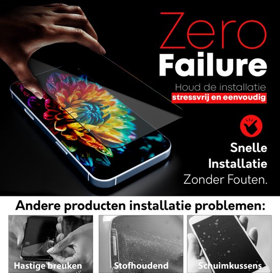 Main plaçant un protecteur d'écran sur un téléphone. Texte 'Zero Failure' et 'Installation Rapide Sans Erreurs'. Comparaison avec des installations ratées.