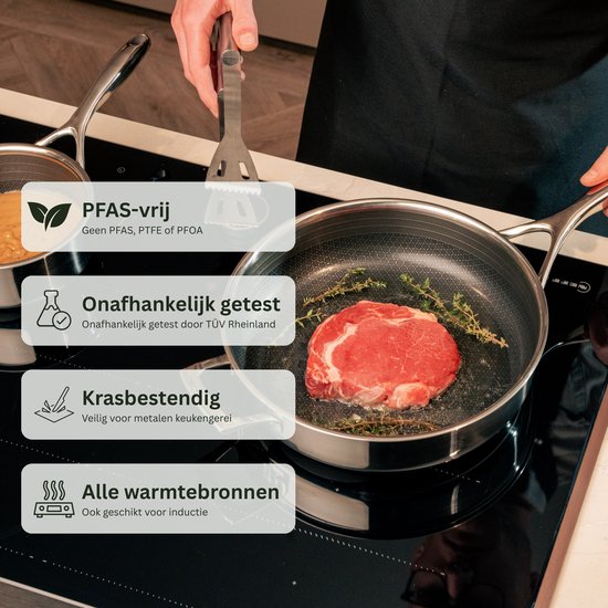 Een hand wordt gebruikt om een biefstuk met kruiden te bakken in een koekenpan met honingraatpatroon op een inductiekookplaat, met iconen voor PFAS-vrij, getest, krasbestendig en alle warmtebronnen.