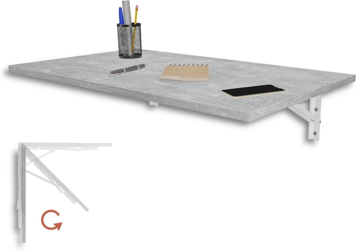 Wandklaptafel - Opklaptafel bureau - Ruimtebesparend werken - Krasbestendig tafelblad - 80x50 cm - Betonlook