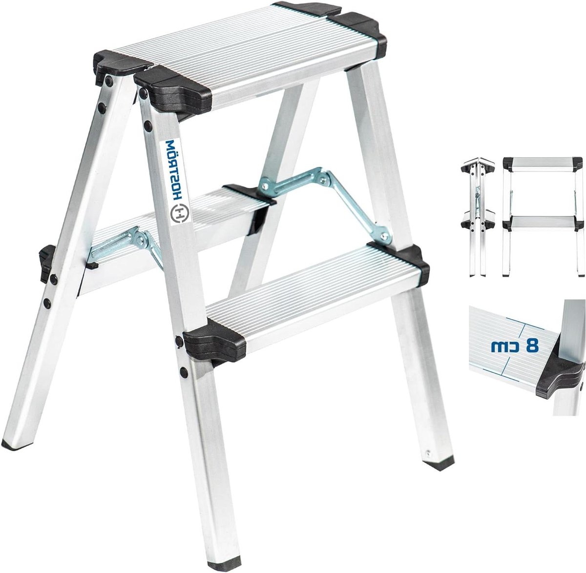 Trapladder 2 treden - Huishoudtrap opstapje - Kleine klussen in huis - Compact en opvouwbaar - Max 208m werkhoogte - Aluminiumgrijs