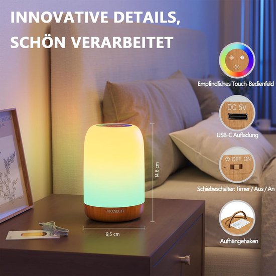 LED Nachtlampje - Touch Dimbaar met 256 RGB Kleuren, 4 Lichtstanden, Draadloze USB-Oplaadbare Tafellamp met Timer en Haak, Houtlook, Draagbaar voor Slaapkamer, Woonkamer en Kinderkamer — afbeelding 2