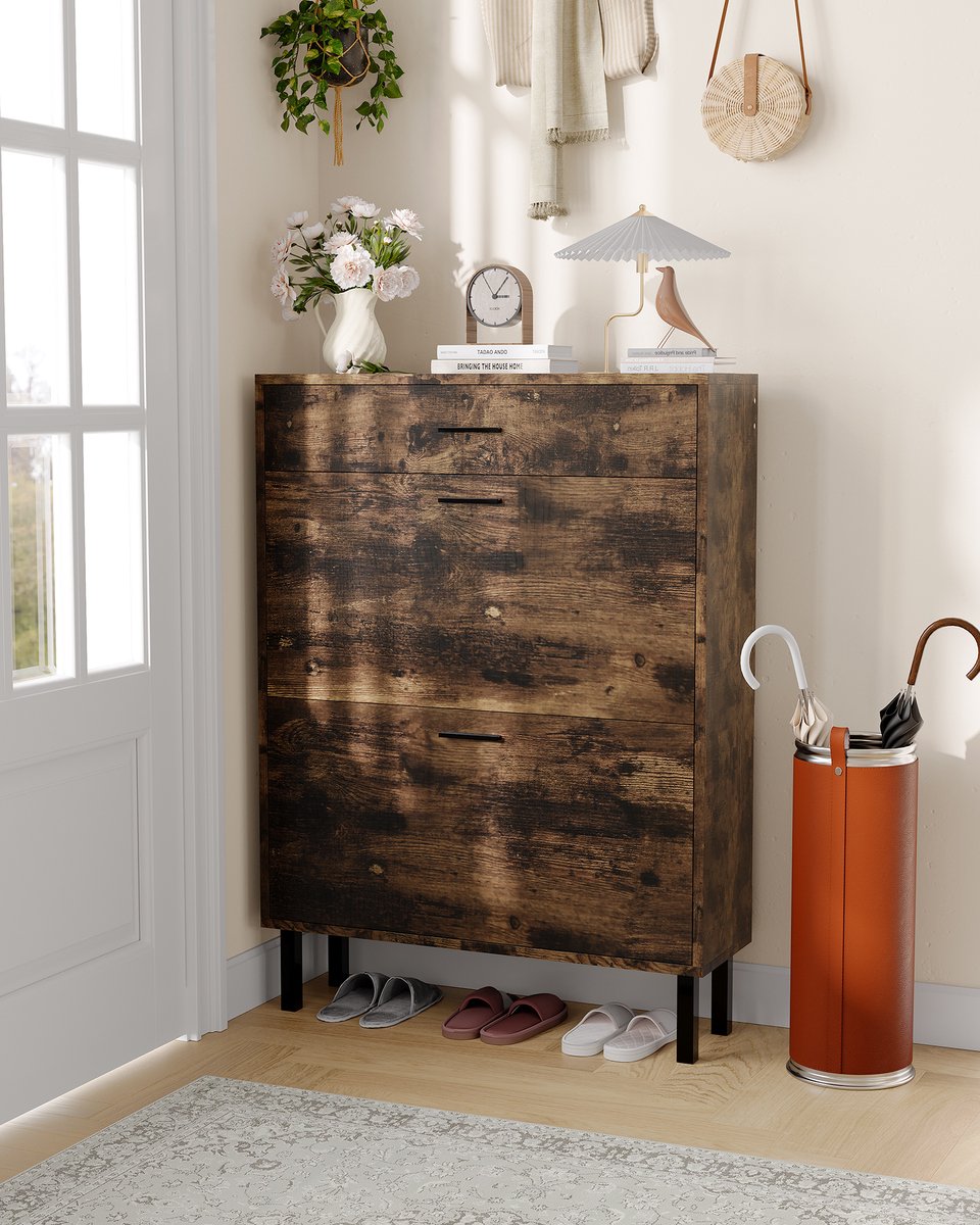 Schoenenkast Smal 3 Lagen - 80x25x110cm - Schoenenrek - Schoenenmeubel Hal - 2 Kleppen en 1 Lade - Metalen Poten - Minimalistisch - Voor Hal En Woonkamer - Bruin