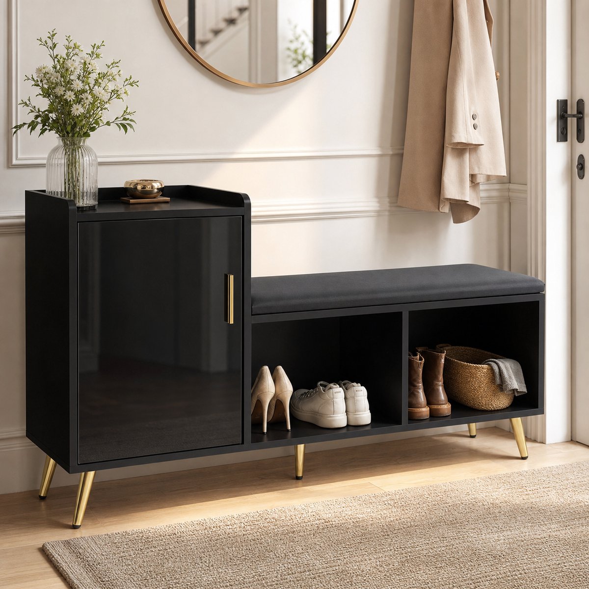 Komhtom - Zwart hoogglans kastdeur met opbergruimte - Schoenenkast voor de hal met meerdere niveaus - Gestoffeerde zitting en gouden accessoires