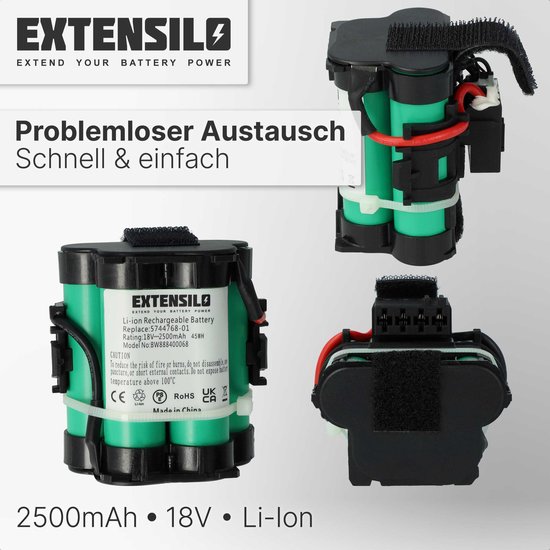 EXTENSILO Vervangende accu voor Husqvarna 586576201 (5865762-01), 589586101 (5895861-01), 574476801 (5744768-01) voor grasmaaiers (2500mAh 18V Li-Ion) — afbeelding 3