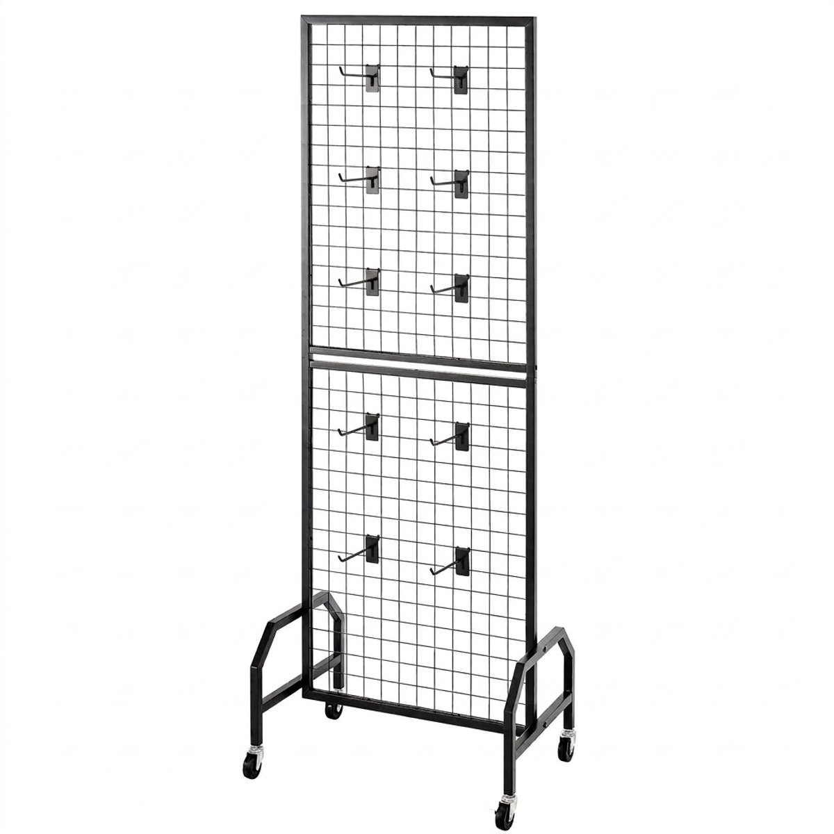 Gridwall Displayrek - Grid Muurpaneel - Draadrek Display - Verrijdbaar Wandrek - Gridwall Paneel - Met Wielen - 10 Haken - Koolstofstaal - Kunst Display Rek - 600x1640 mm - 1 Stuk - Zwart