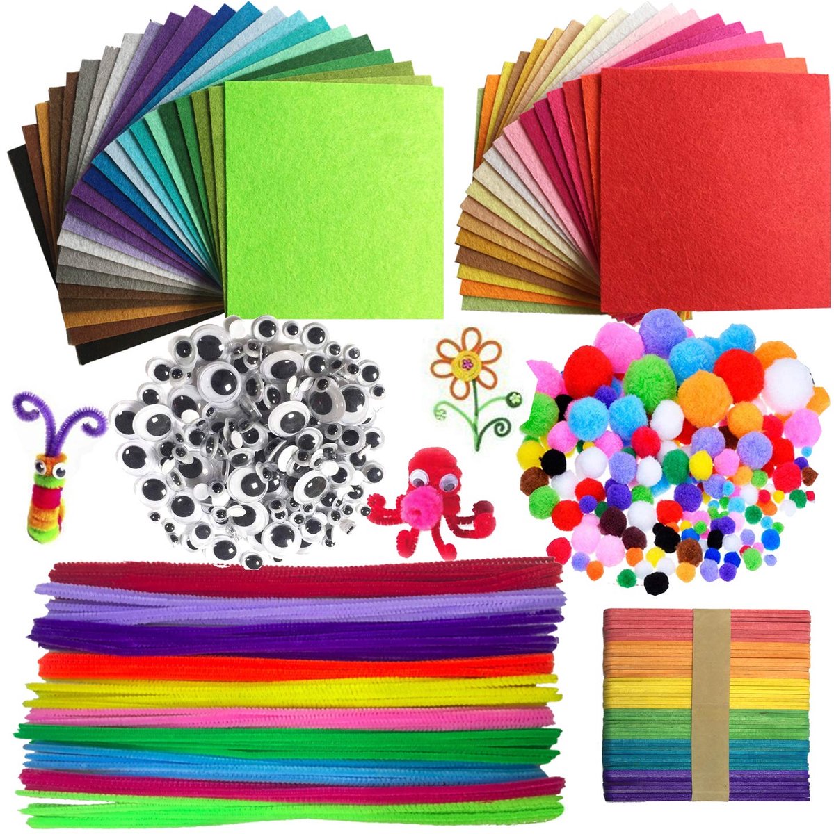 pluche Kleurrijke Mini-Pompons met Googly-Ogen Viltstof 40 Kleuren Viltvellen Polyester 15 x 15 cm Viltstof Kinderen voor Doe-Het-Zelfdecoraties, 590 Stuks