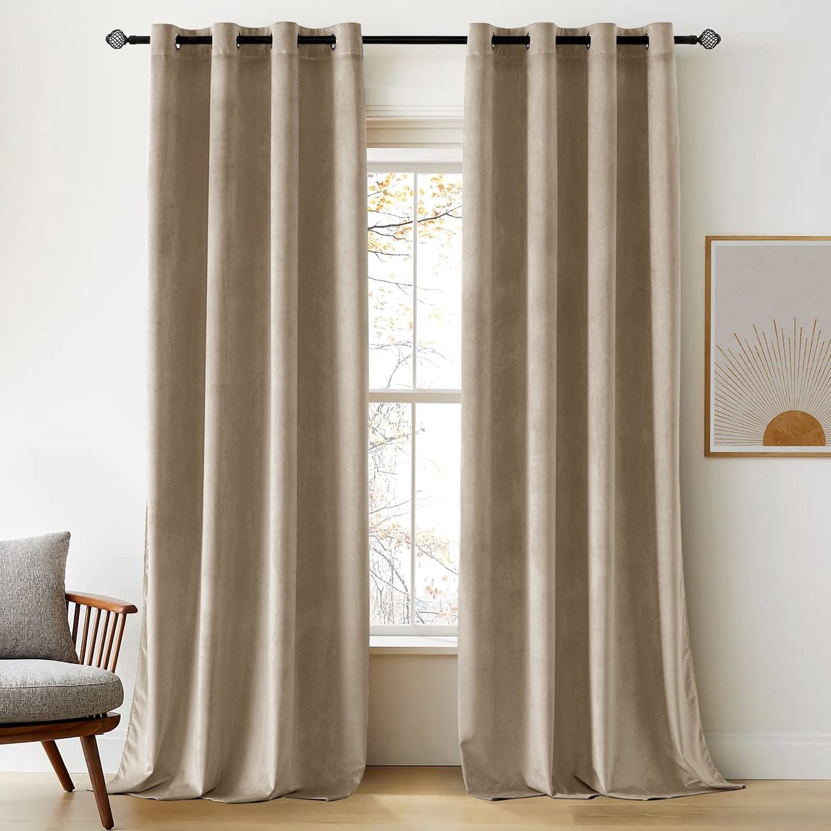 thermische verduisteringsgordijnen voor woonkamer en slaapkamer, fluweel, isolerend, warmte-/koudewerend, rekbaar, met ringen, set van 2, 140x215cm, beige