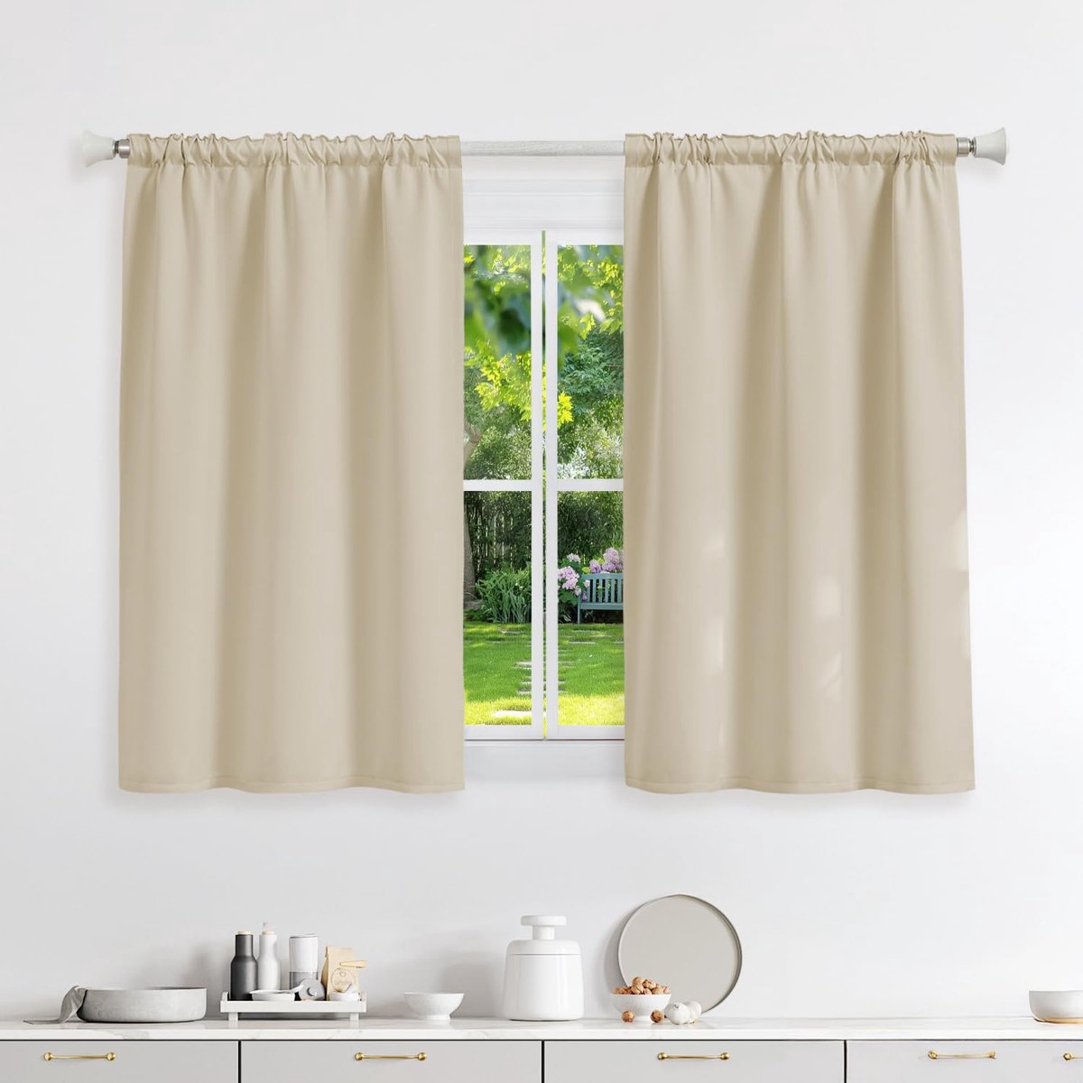 Gordijnen met plooiband, ondoorzichtig, lichtbeige, verduisteringsgordijnen, set van 2, 120 x 90 cm (H x B) voor railsysteem, thermische gordijnen, koudebescherming, schuifgordijnen voor