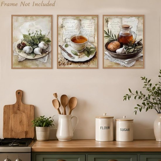 3-delig Vintage Rustieke Keuken Wandkunst, Knoflook Kruiden Thee & Boek Afbeeldingen voor Thuis Eetkamer Restaurant Decor 30x40 cm Niet Ingelijst — afbeelding 5